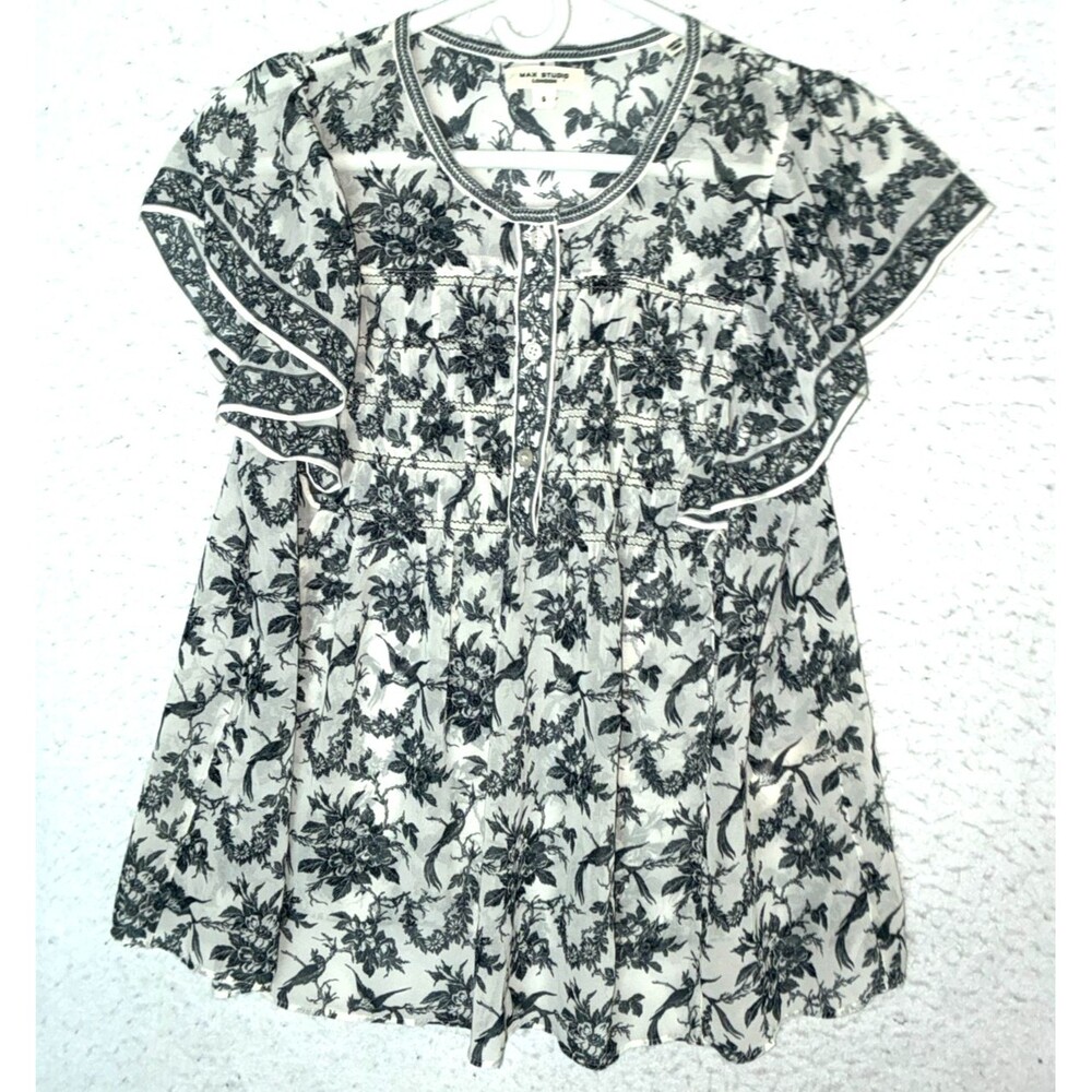 Max Studio London womenās floral birds ruffle blouse size S gray lightweight